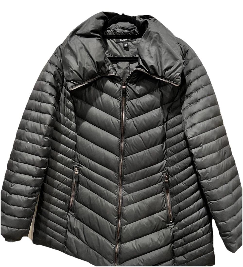 Siena Studio Gray Puffer Coat XL Duck Down Feather Fill Quilted Zip Jacket